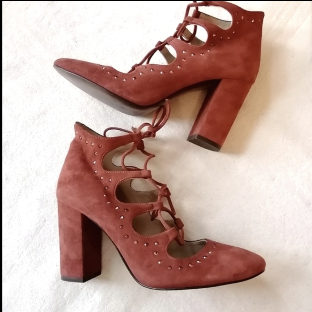 Sapena Spain Lace Up Chunky Ankle Heel Brown Suede Leather Round Yoe Euro 37.5